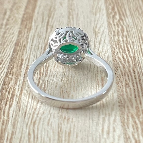 Round Emerald Quartz Halo Ring - 925 Sterling Silver - Picture 3 of 5